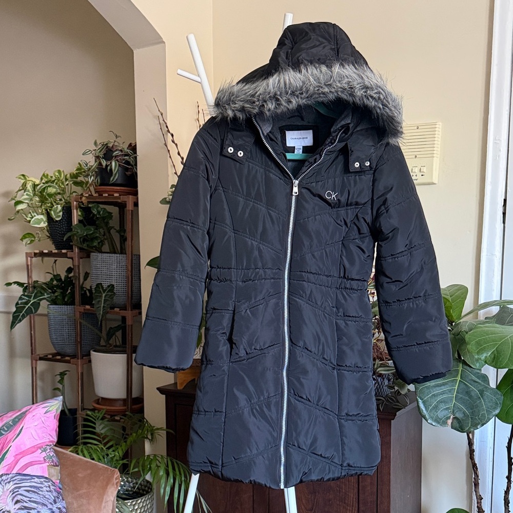 Calvin Klein Kids Black Puffer Coat with Fur Hood - Picture 2 of 16